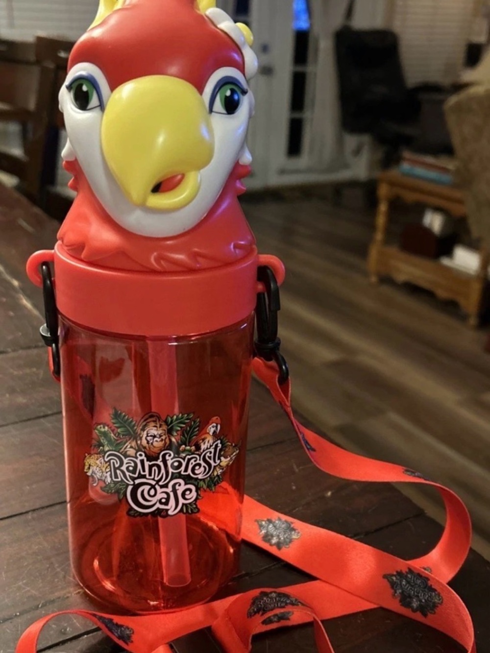 Rainforest Cafe Red Parrot 3D Head Souvenir Sipper Cup Lanyard